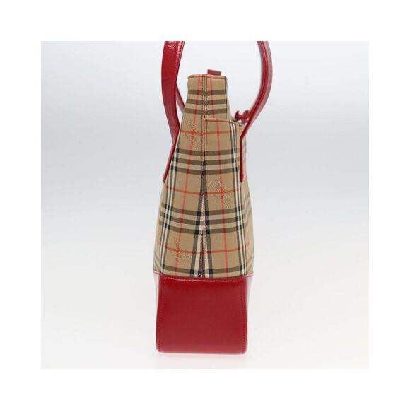 Pre Loved Burberry Red Leather Trim Tote Beige Check Pattern Women Tote Bags - Picture 4 of 8